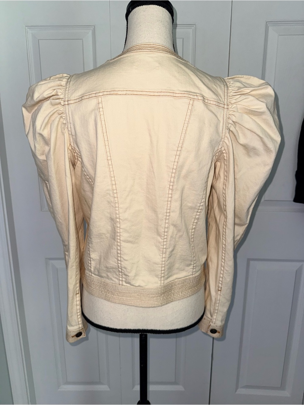 Ulla Johnson Cream Cosette Denim Jacket Puff Sleeve Contrast Stitch Size S - Picture 4 of 15